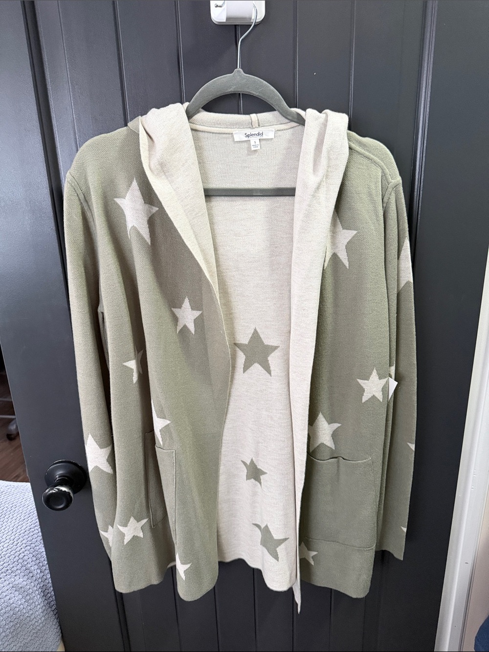 Splendid Olive & Cream Star Hooded Open Cardigan